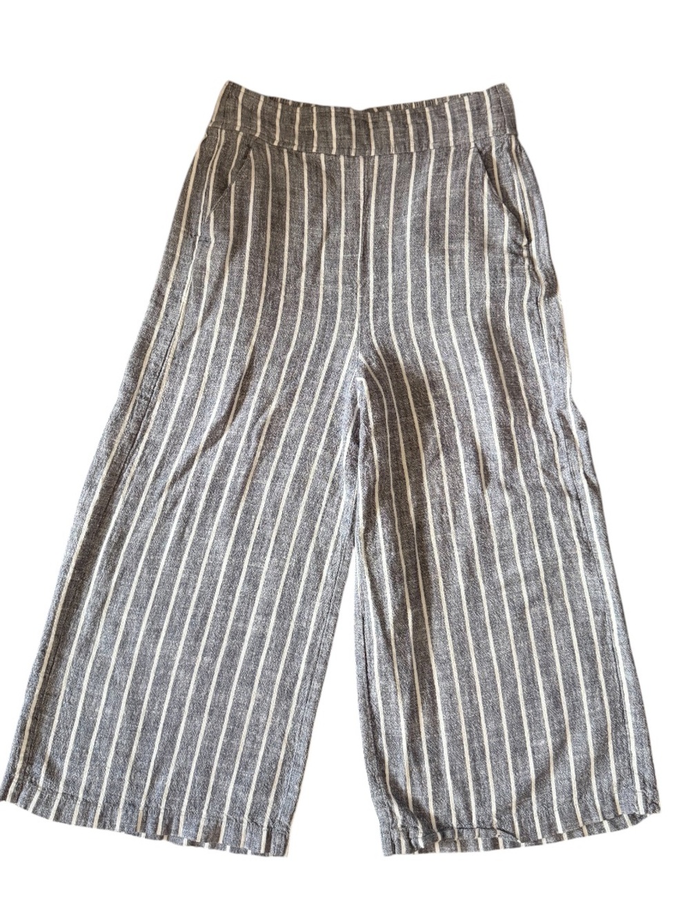Dotti Blue and White Striped Wide-Leg Cropped Linen Pants